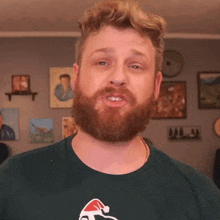 a man with a beard is wearing a green shirt with a picture of a santa hat on it