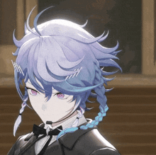a close up of a person 's face with blue hair