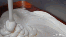 whipped cream is being poured into a pan with the words made in animatica visible