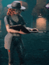 a woman in a hat is holding a book