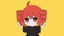 a cartoon girl with red hair is holding two red barrels in her hands