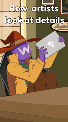 a cartoon of a person holding a laptop with the words " how artists look at details " at the top