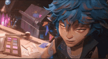 a girl with blue hair is sitting at a table with a palette of makeup on it
