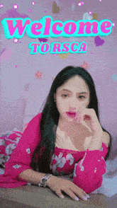 a woman in a pink dress is laying on a bed with the words welcome torsca behind her