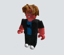 a red roblox character is wearing a blue shirt