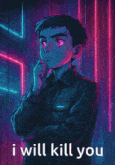 a pixel art of a man pointing a gun with the words " i will kill you " underneath him