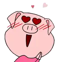 a cartoon pig with hearts in his eyes and hearts flying around him
