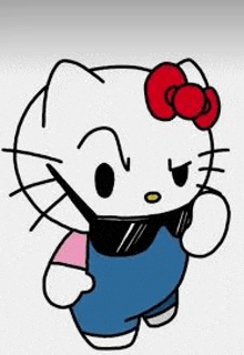 hello kitty is wearing sunglasses and overalls and looking angry .