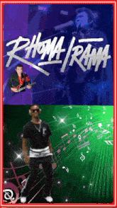 a poster for rhoma rama shows a man playing a guitar and a man standing in front of music notes