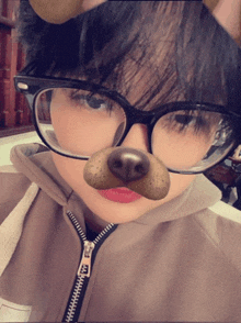 a girl wearing glasses and a dog mask has a zipper on her hoodie