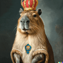 a capybara wearing a crown and a badge that says king
