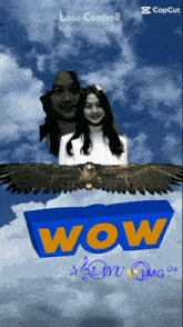 a picture of a woman and an eagle with the word wow on the bottom