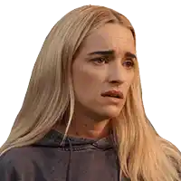 a woman with long blonde hair is wearing a grey hoodie and making a surprised face