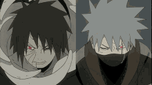 a drawing of two anime characters one with red eyes and one with gray hair