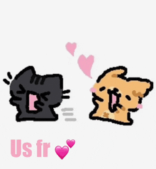 a drawing of a black cat and a brown cat with hearts and the words us fr