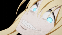 a close up of a anime character 's face with blue eyes