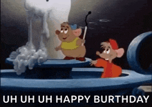 a cartoon of two mice standing next to each other with the words `` uh uh uh happy birthday '' on the bottom .