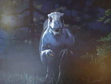 a t-rex is walking through a dark forest