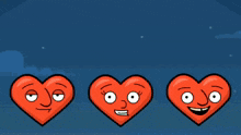 a cartoon of three hearts with faces and the words " i love you " in yellow letters