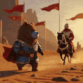 a cartoon of a bear and a knight on a horse