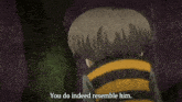 a man in a striped shirt is standing next to a tree and says " if mine is the real one "