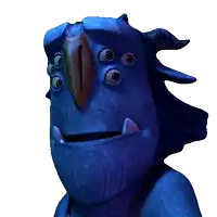 a blue monster with three eyes and horns