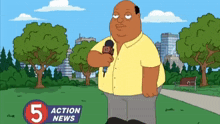 a cartoon man is holding a microphone in front of a 5 action news sign