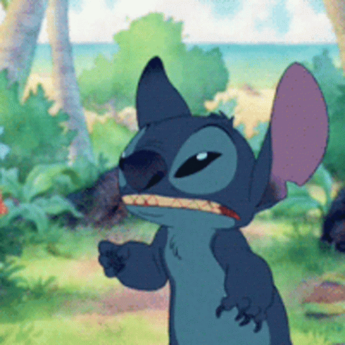 GIF of cartoon character Stitch pulling down his eye lids in a stressful moment.