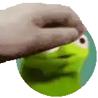 a hand is holding a frog 's face in a circle on a white background .