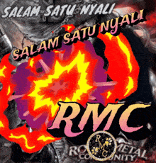 a logo for rmc with a purple and orange explosion in the background