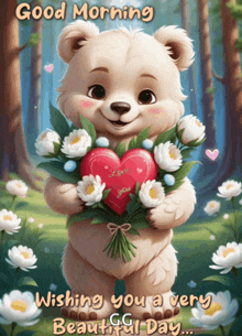 a teddy bear holding a bouquet of flowers and a heart with the words " good morning wishing you a very beautiful day "