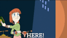 a cartoon of a girl holding a book with the words here on the bottom