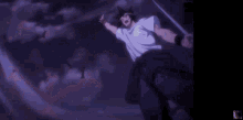 a man is flying through the air with a sword in his hand in a cartoon .