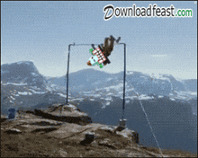 a pixel art image of a person on a bar with the website downloadfeast.com written below it