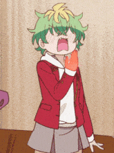 a cartoon character with green hair and a red jacket making a funny face