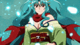 a blue haired anime character with a red scarf around her neck