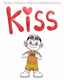 a cartoon character is surrounded by hearts with the word kiss above him
