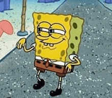 spongebob squarepants from spongebob squarepants is dancing on a sidewalk .