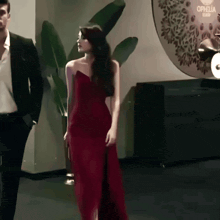 a woman in a red dress stands next to a man in a suit