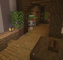 a screenshot of a minecraft game shows a person standing in a hallway next to a plant