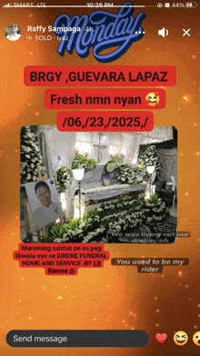 a monday message from raffy sampaga shows a picture of a funeral