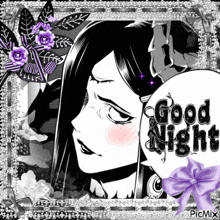 a black and white picture of a woman with purple flowers and a speech bubble that says " good night "