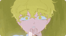 a drawing of a boy with yellow hair covering his mouth with his fingers