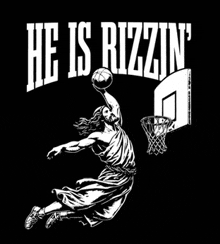 a black and white drawing of jesus playing basketball