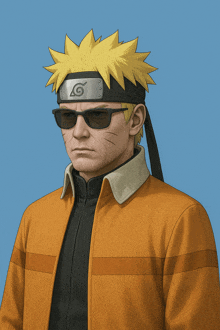 a man wearing sunglasses and a headband has the letter g on his head