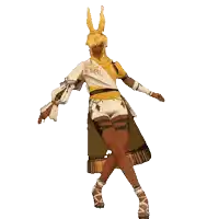 a woman in a yellow and white outfit with bunny ears is dancing