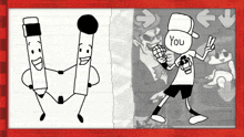 a black and white drawing of a pencil and a boy with the word you on his head
