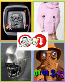a collage of images including a watch a skull a hat and a statue