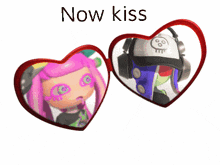 a picture of a girl and a boy in a heart shaped frame with the words " now kiss " above them