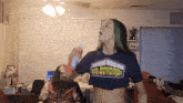a woman wearing a shirt that says go beyond